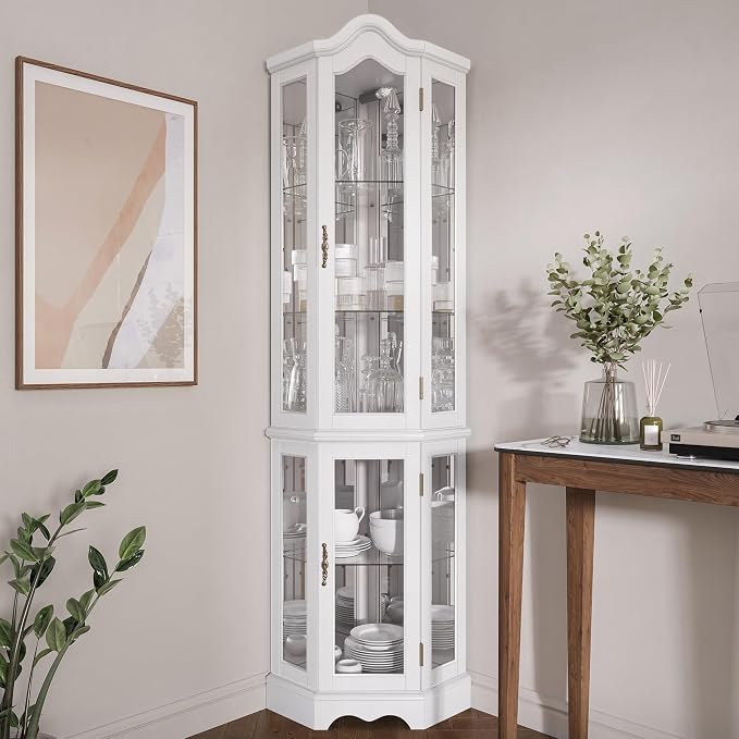 BELLEZE Lighted 3-Side Glass Display Curio Cabinet w/ Tempered Glass Doors and - Image 3