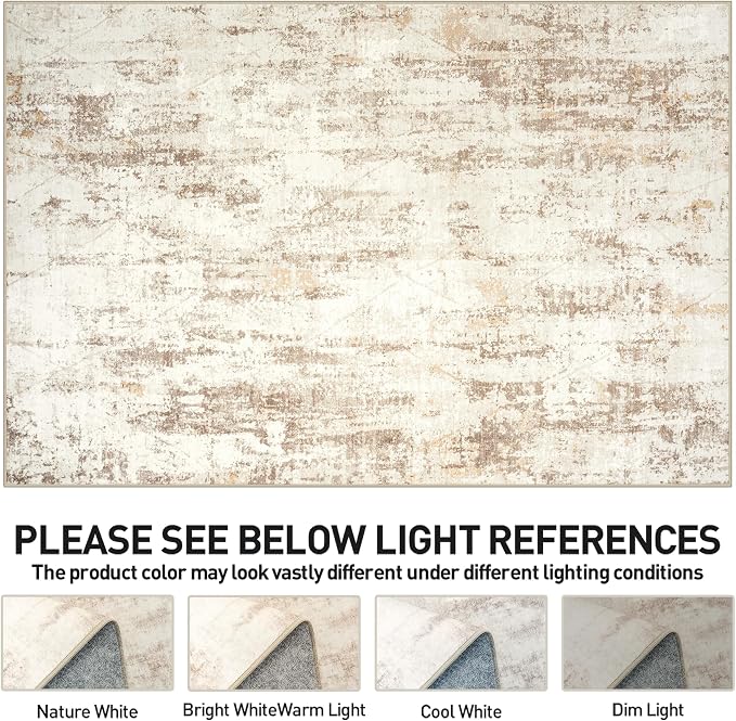 5x7 Area Rugs for Living Room: Washable Abstract Beige Grey Badroom Carpet | - Image 8
