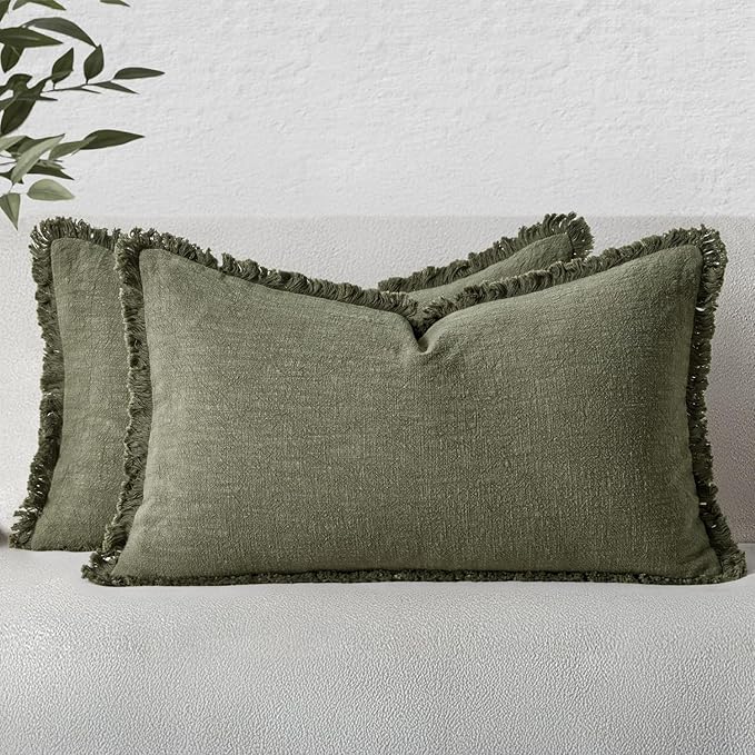 MIULEE Boho Linen Decorative Lumbar Throw Pillow Covers Olive Green 12x20 | Set by MIULEE
