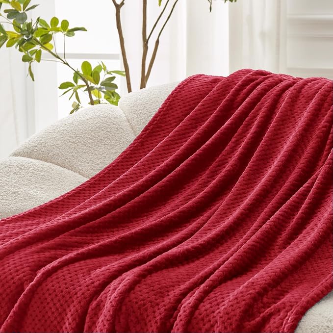 Exclusivo Mezcla Soft Waffle Fleece Bed Blanket Twin Size, Deep Red | - Image 5