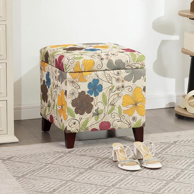 Adeco 18 Inch High Cube Ottoman Storage, Floral Printed Linen Chair Foot Stools - Image 8