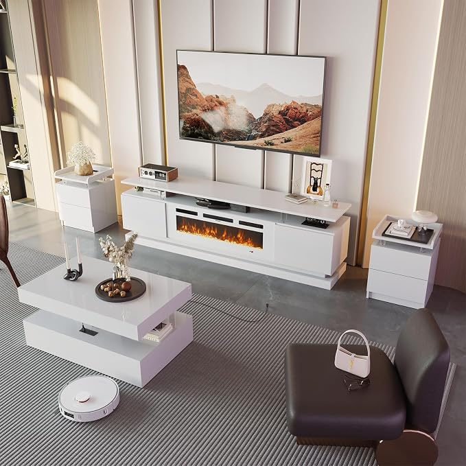 4-Piece Modern Living Room Table Set, Includes High Gloss 70" Fireplace TV Stand - Image 3