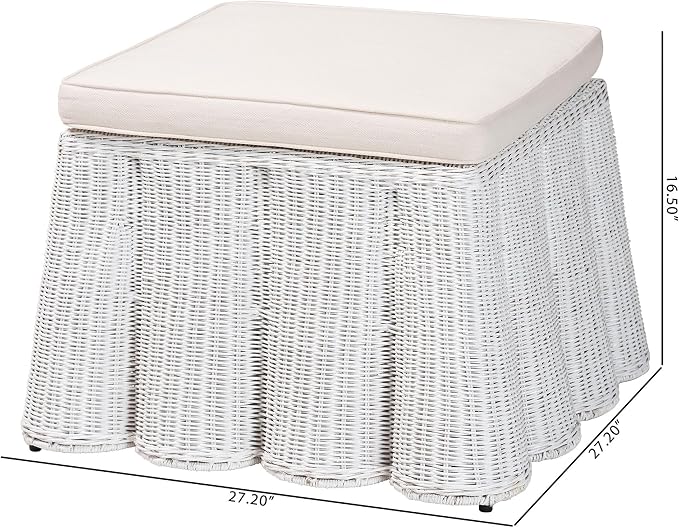 Bali & pari Palm Bohemian White Scallop Rattan Ottoman - Image 3