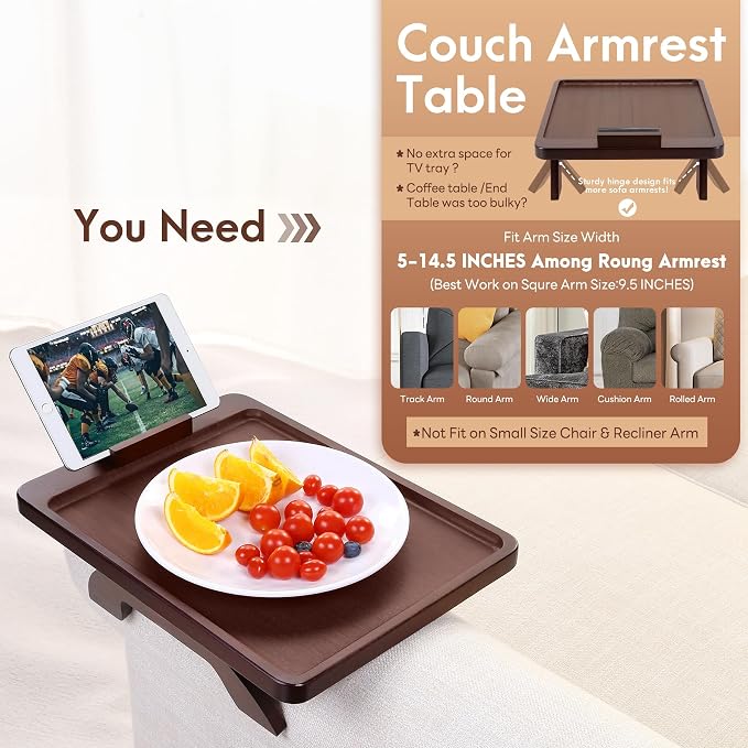 SINWANT Couch Armrest Table, Large Bamboo Couch Arm Table 360° Phone Holder - Image 3