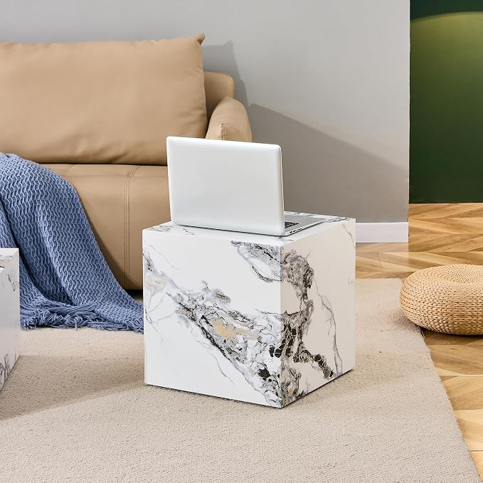 16'' Cube Coffee Table with Marble Stone Pattern, Square No Assembly End Table - Image 4