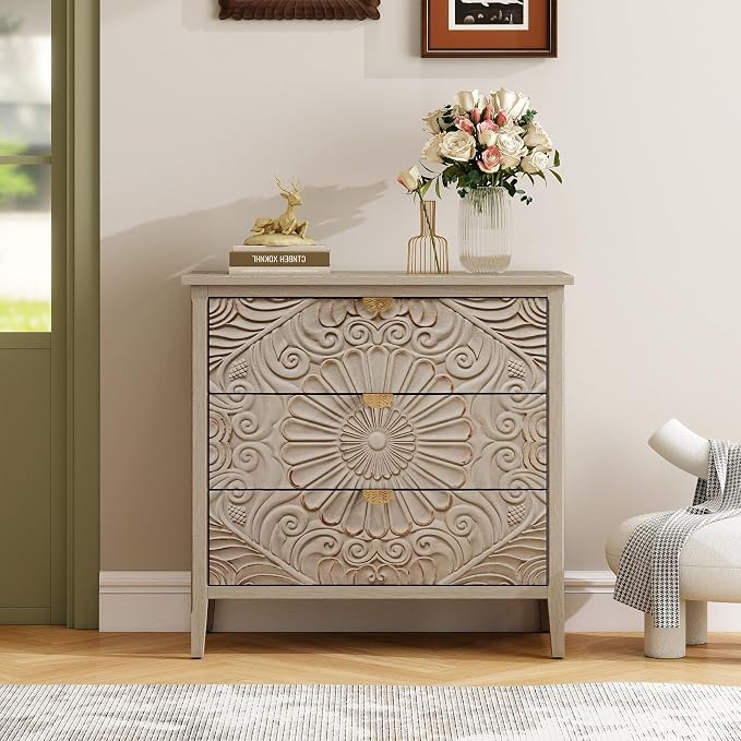 31.5" Carved 3-Drawer Cabinet by YHAOWORKS