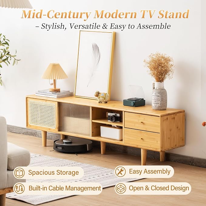 Tiita Rattan TV Stand for 55 60 Inch TV, Bamboo TV Cabinet - Image 3