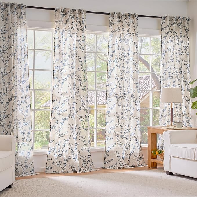 Blue Vintage Floral Linen Curtains Farmhouse 38W X 96L 2 Panels | Elisa Series - Image 7