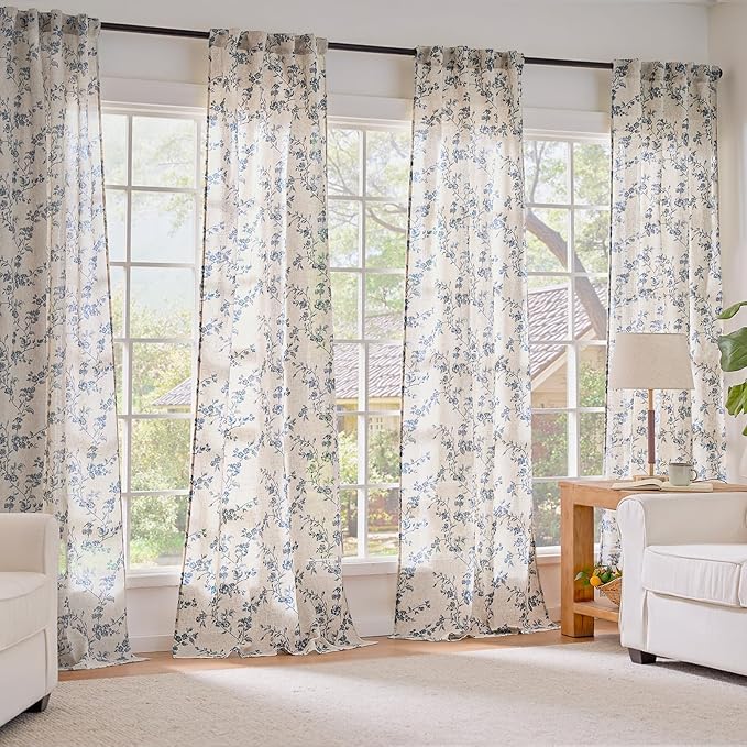 Blue Vintage Floral Linen Curtains Farmhouse 38W X 63L 2 Panels | Elisa Series - Image 7
