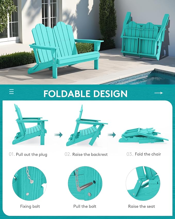 SERWALL Folding Adirondack Bench, HDPE All-Weather Adirondack Loveseat Set of 2 - Image 2