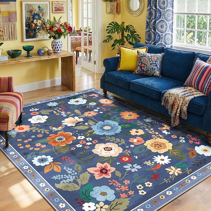 RELEANY Floral Washable 6x9 Area Rugs Blue/Grey | Flower Carpet Print Boho Cute - Image 2