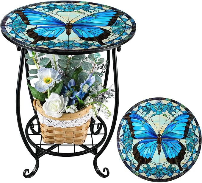 Cinnvoice Outdoor Side Table Round Small Mosaic Patio Accent Indoor End Plant by Cinnvoice