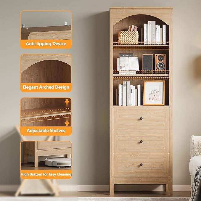 Bookshelf with Drawers, Floor Standing Display Storage Cabinet - Image 5
