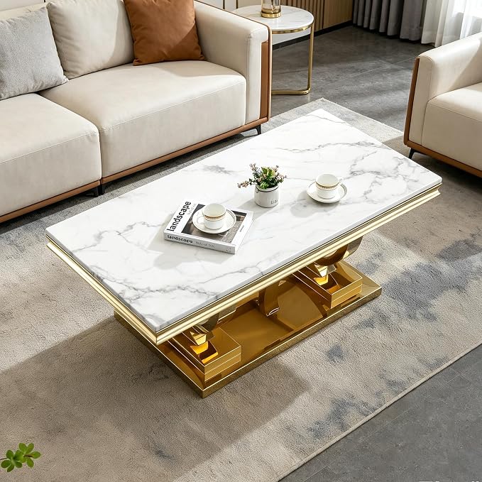 Henf 47" Marble Coffee Table Modern White Faux Marble Center Table - Image 4