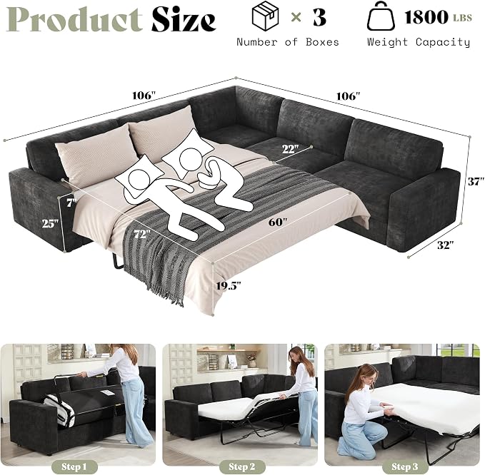 AMERLIFE 106" Oversized Sofa Bed, Sectional Sleeper Sofa - Image 2