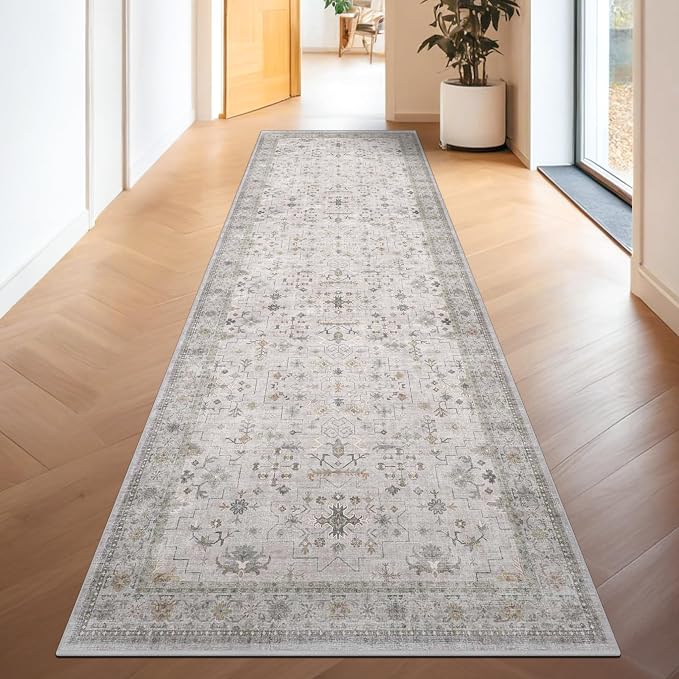 Neutral Light Gray & Sage Kitchen Rug 10 ft Long - Image 3