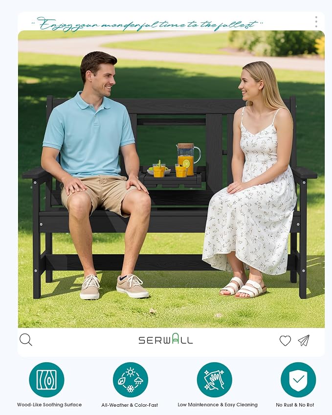 SERWALL Outdoor Bench with Cup Holder, Oversized 58" HDPE Porch Bench Suitable - Image 9