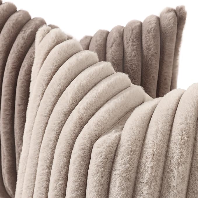 decorUhome Fall Faux Fur Throw Pillow Covers 18x18 Set of 2 Tan | Decorative - Image 2
