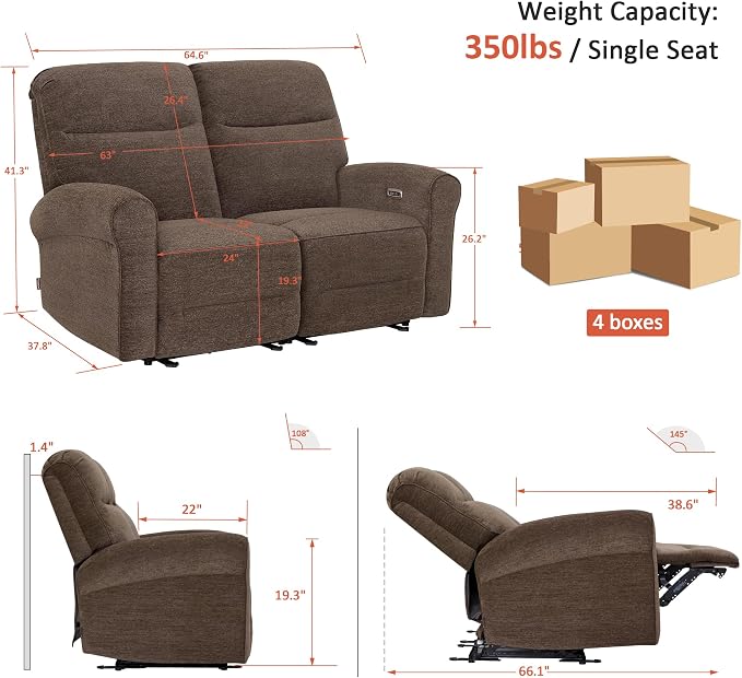 MCombo 64.6" Wall Hugger Power Loveseat Recliner Sofa - Image 3
