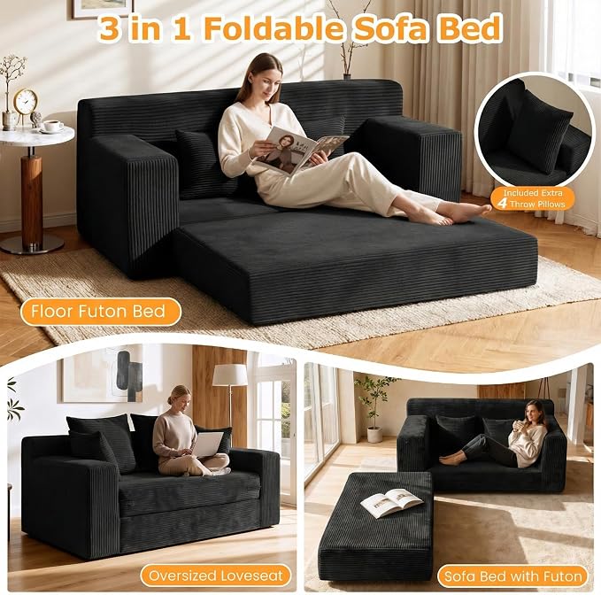 55" Small Boneless Couch, 3-in-1 Boneless Loveseat Sleeper Sofa Bed Convertible - Image 3