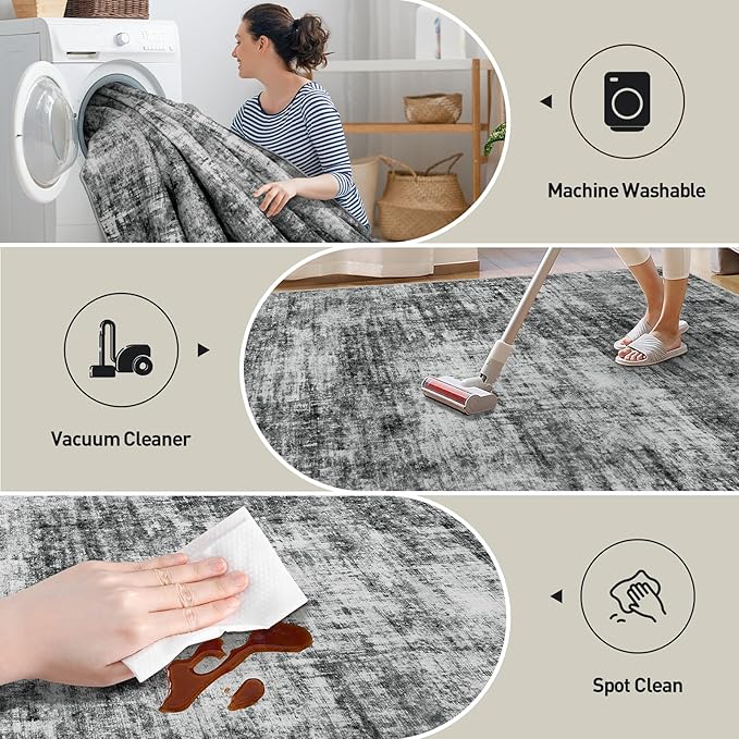 4x6 Area Rugs for Living Room: Washable Abstract Black Badroom Carpet | - Image 4
