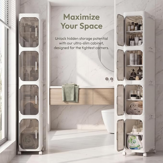 KHNR 4-Tiers Slim Bathroom Storage Cabinet, Narrow Bathroom Storage, Foldable - Image 2