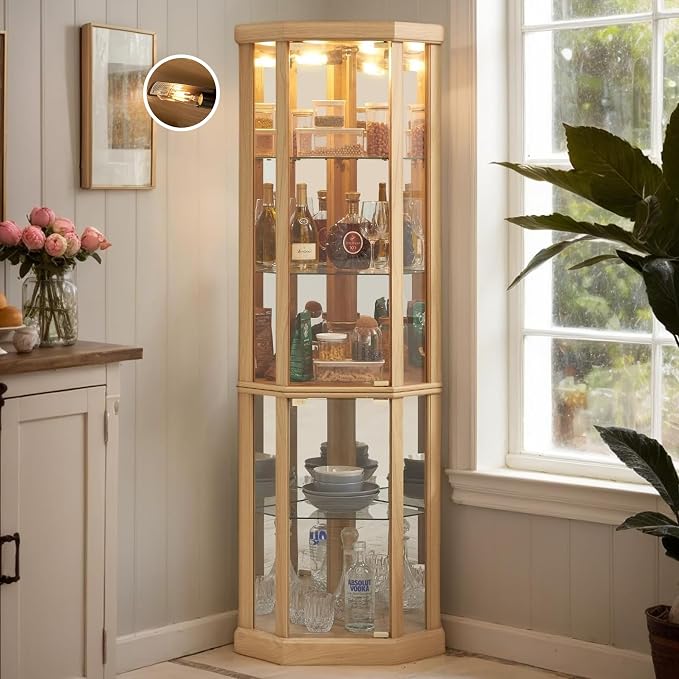 Corner Curio Cabinet, Light Bulb Inclued, Wine Bar China Cabinet by CKEASEANFurniture
