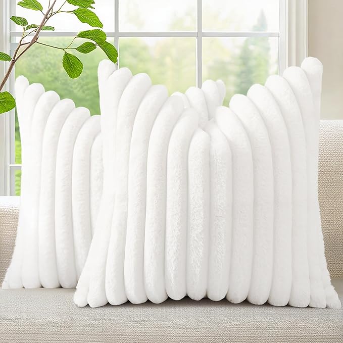 decorUhome Fall Faux Fur Throw Pillow Covers 18x18 Set of 2 White | Decorative by decorUhome