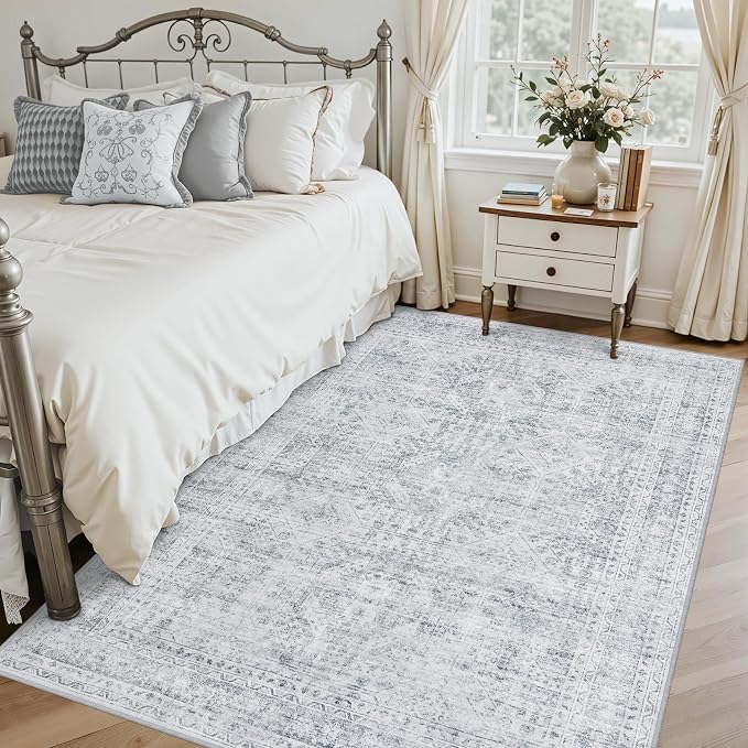 5x7 Area Rugs Living Room: Bedroom Neutral Washable Carpet Gray | Vintage Boho - Image 2