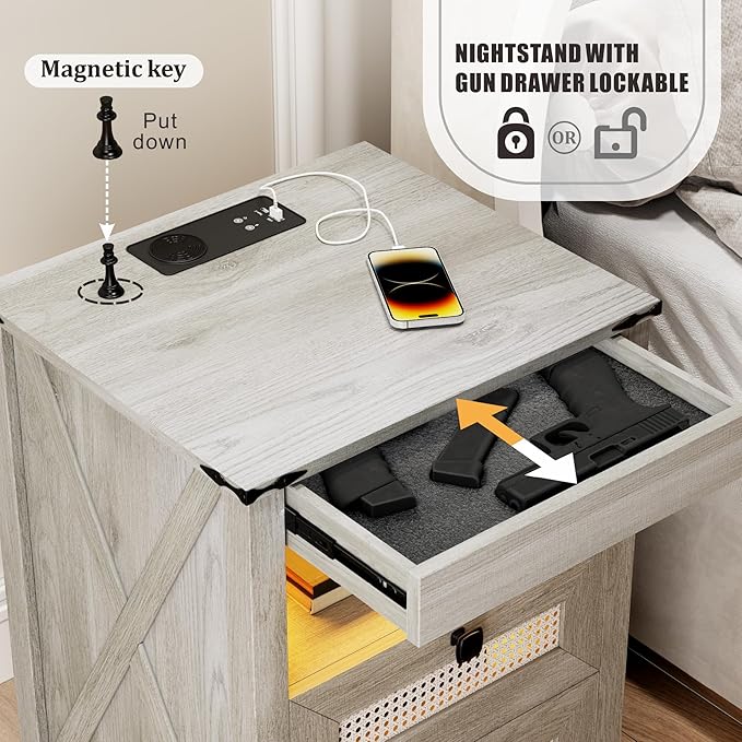 Night Stand with Gun Drawer, Bedside Table with Charger Station & LED Human - Image 3