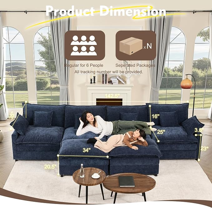 GOSUHI 142.5" U Shaped Couch, Modular Sectional Sofa, 3-Seater Comfy Cloud Couch - Image 2