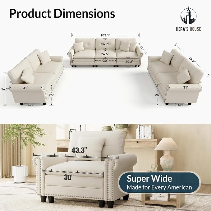 HERA'S HOUSE 3 Pieces Modular Sectional Sofa Sets, Oversized Couch Set - Image 9