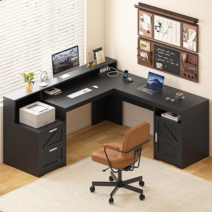 YOMILUVE 63" Farmhouse L Shaped Desk by YomiluveDesign