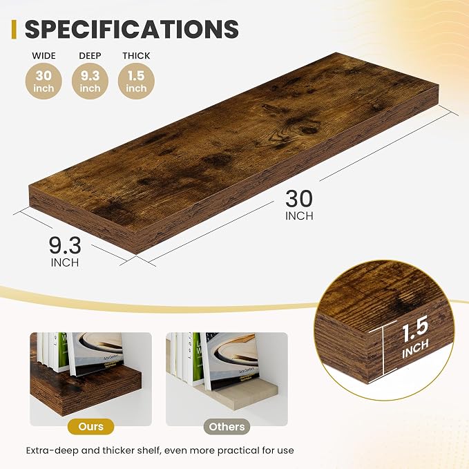 Acovy 30 Inch Floating Shelves, 9.3" Deep Floating Shelf Wall Mounted, Rustic - Image 3