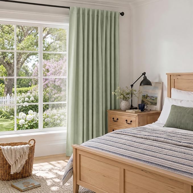 Faux Linen Total Blackout Sliding Door Curtains 96 Inches Long, Sage Green | - Image 6