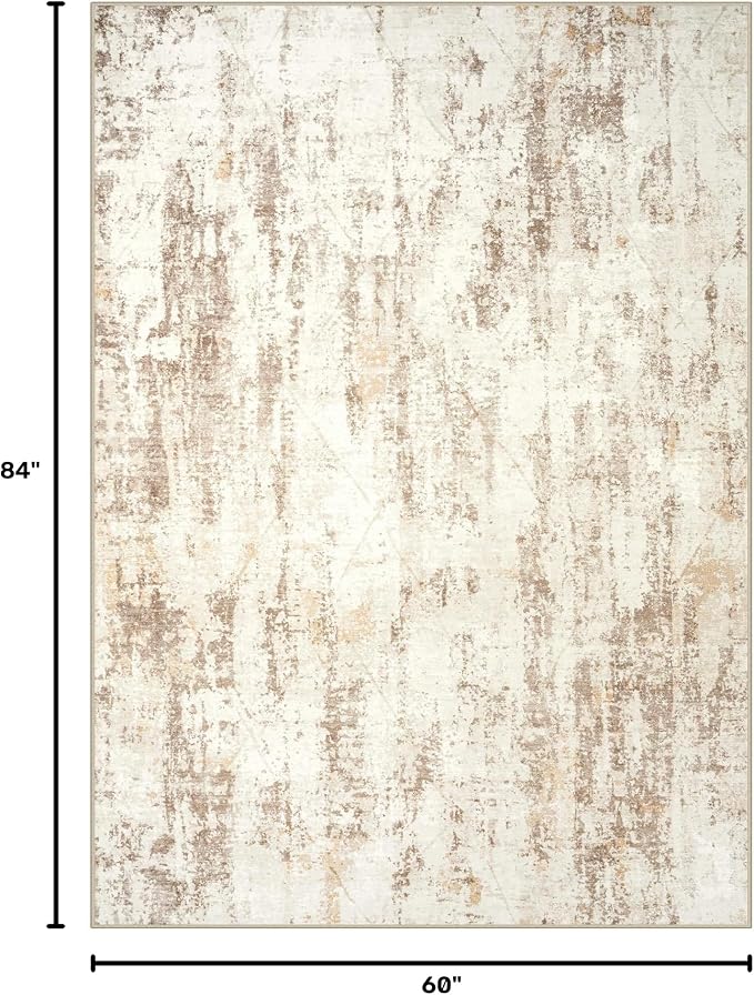 5x7 Area Rugs for Living Room: Washable Abstract Beige Grey Badroom Carpet | - Image 2