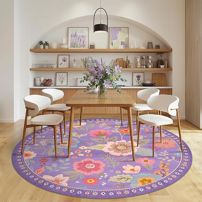 RELEANY Floral Washable Round 8ft Area Rug Purple/Pink | Flower Carpet Print - Image 3