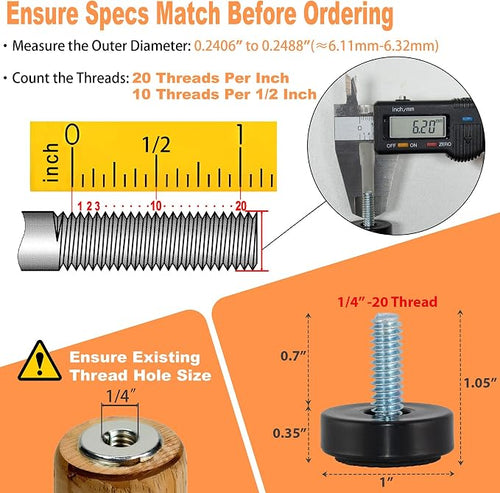 1/4-20 Adjustable Furniture Leveler, 12 Pack Rubber Leveling Feet Screws in - Image 2