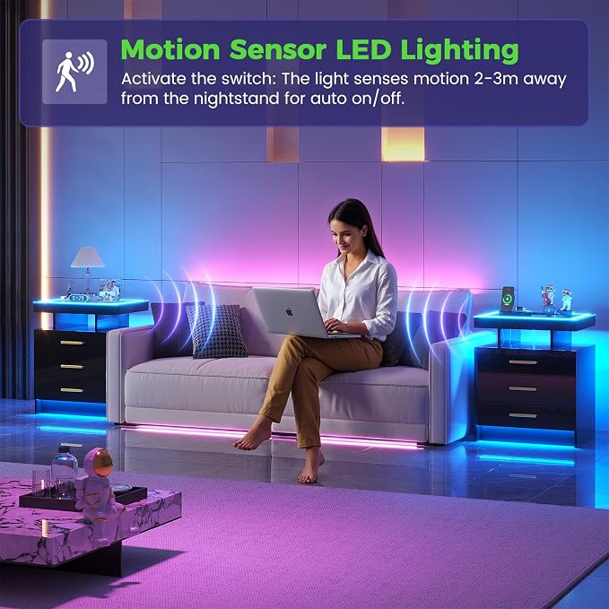 HNEBC LED Nightstand with Charging Station, Smart Bedside Table with Motion - Image 6