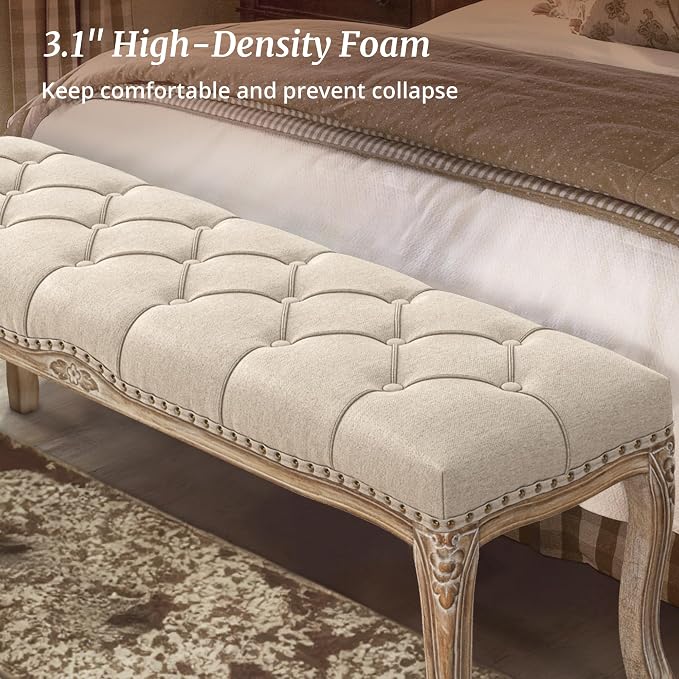 Cozyman Bedroom Bench, French Vintage Tufted Entryway 52.5" Carving Upholstered - Image 5