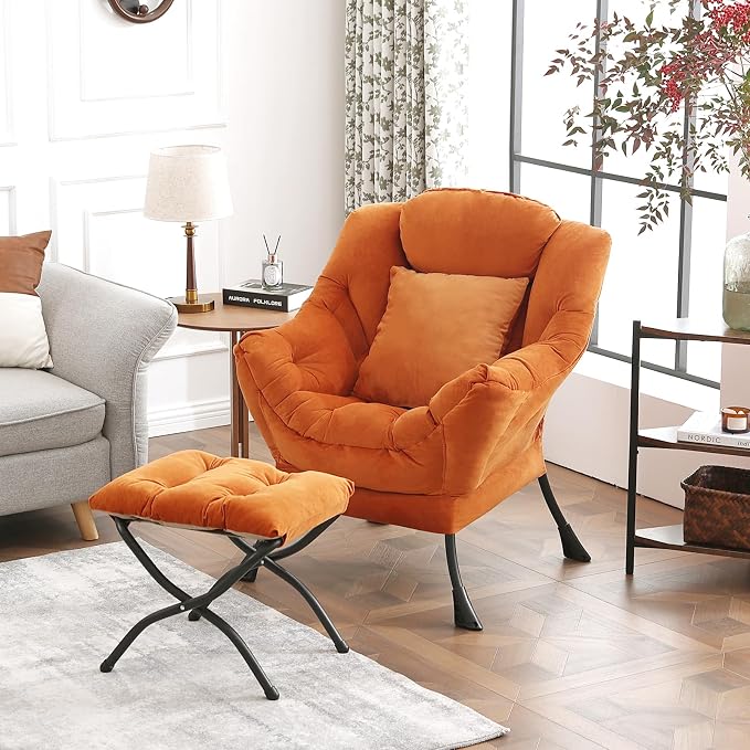 Tangerine Lazy Chair with Ottoman, Large Velvet Accent Chair with a Throw Pillow - Image 2