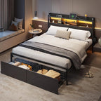 Furnulem Queen Bed Frame with Wood Headboard and Storage Shelf, Metal Platform - Image 7