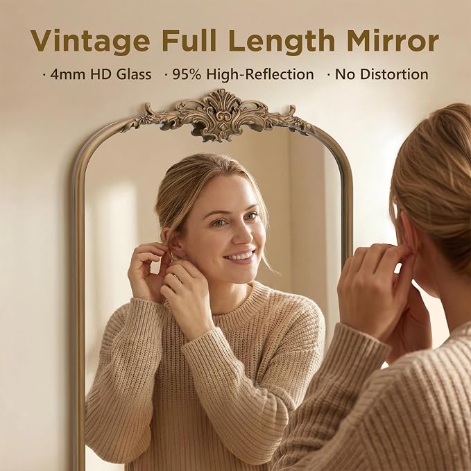 Besdomus Vintage Mirror Full Length: 21x56 French Gold Arched Full Body Mirror - Image 4