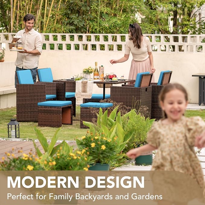 Devoko 9 Pieces Patio Dining Sets Outdoor Space Saving Rattan Chairs - Image 2