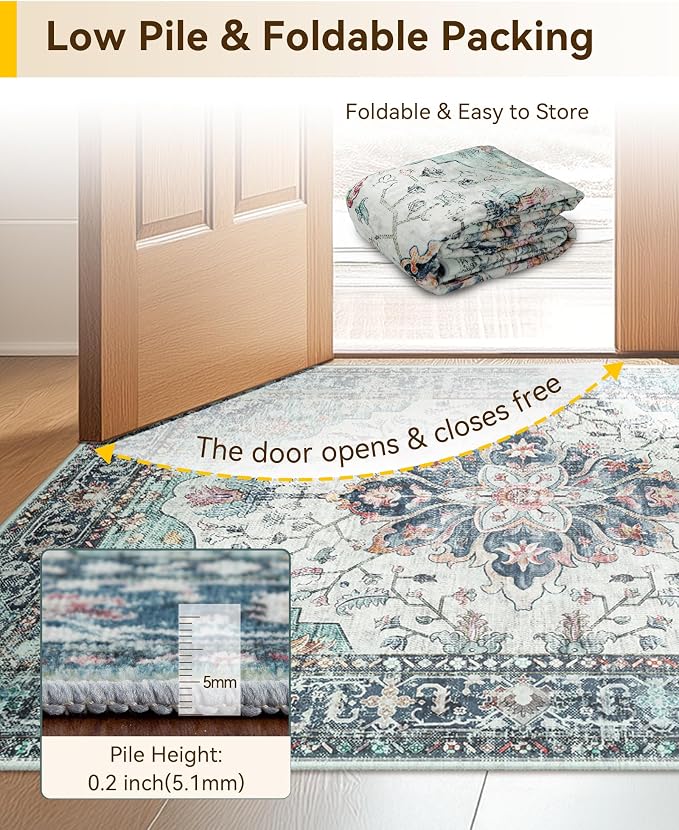RELEANY Washable Area Rug, Teal Green/White/Navy | Non-Slip, Water Repellent - Image 4