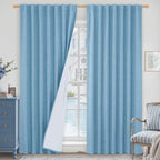 Blue 100% Blackout Linen Curtains 84 Inch 2 Panels by LAMIT