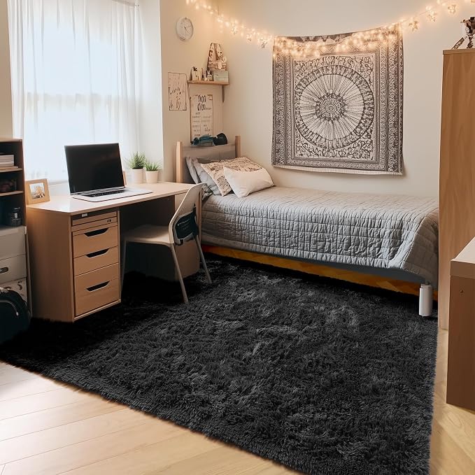 Black Area Rugs for Bedroom Living Room, Fluffy Fuzzy Shaggy 4x6 Bedside Rug - Image 4