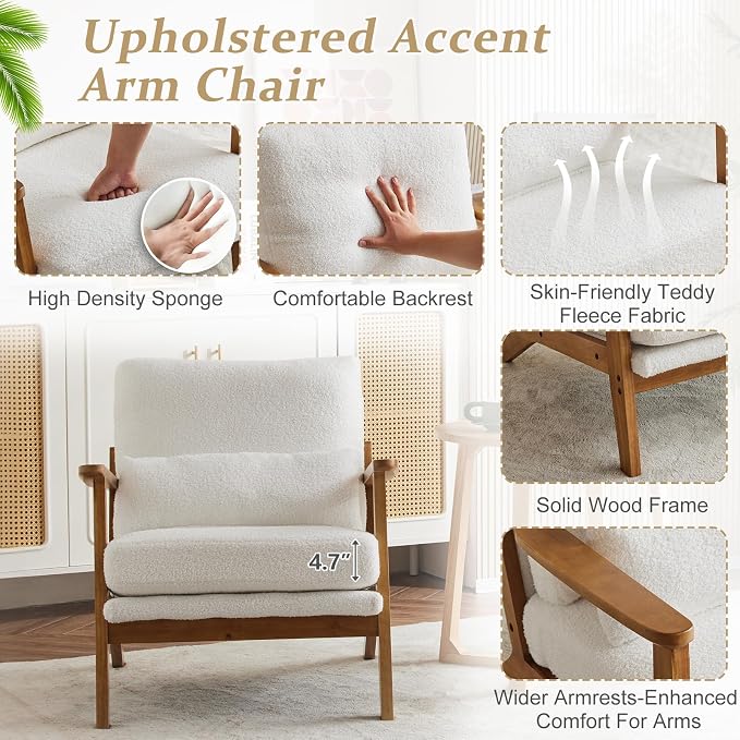 VINGLI Solid Wood Wide Armrests Accent Chair, Upholstered Mid Century Modern - Image 5