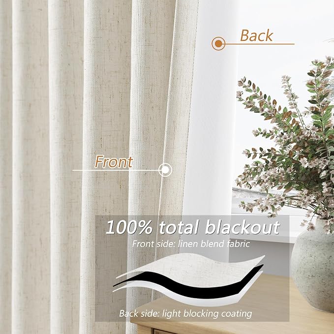100% Blackout Linen Curtains for Bedroom 90 Inches Long Natural Cream Black Out - Image 3