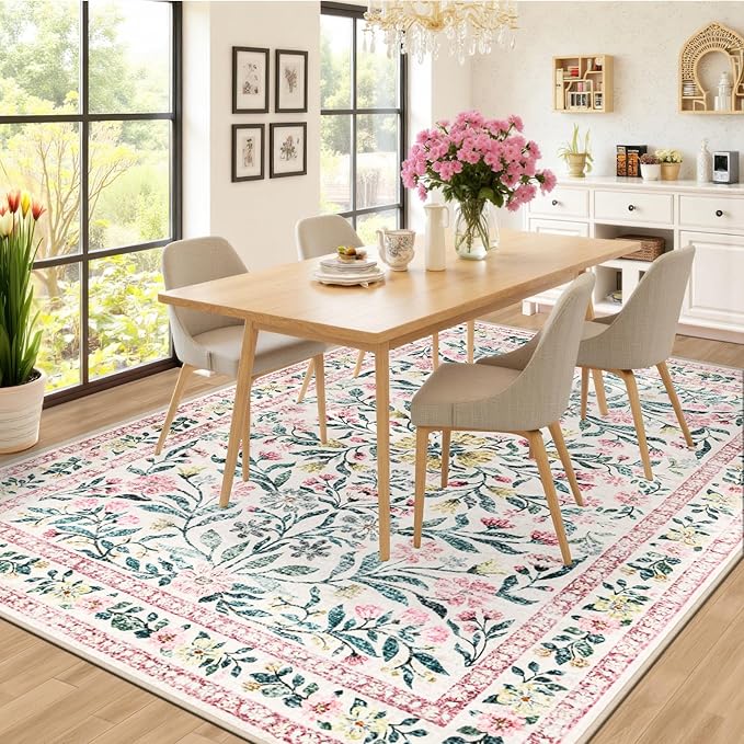 PLHXFR 8x10 Area Rug Living Room: Floral Washable Boho Carpet Pink Green | - Image 4